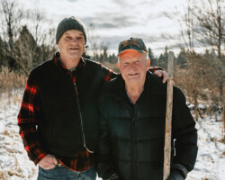 Dieter and Klaus Botz, Barry’s Bay and Killaoe. Ages: Dieter 67, Klaus 87
Two generations. Dieter and Klaus stand on Klaus’s property
in the hills of Killaloe.