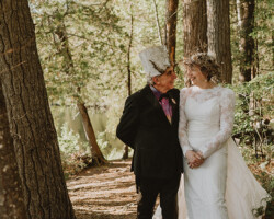 Cathy Lyons and Phil Godon, Golden Lake. Ages: Cathy 66, Phil 77. Photo taken in their wedding attire at
Shaw Woods. Phil and Cathy retired to this
area and spend their time volunteering for many community organizations.