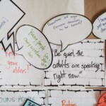 Handwritten words about age in paper speech bubbles.