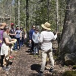 A group gathers around a tree while an instructor speaks.