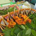 Flowers and leaves in a basket.