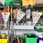 Pennants hanging from a shelf of supplies.