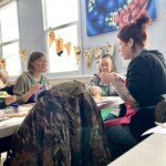 Several women talk around a table.