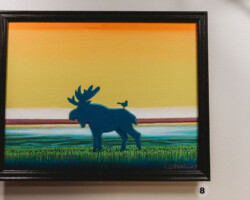 Sylvia Tennisco | Acrylic on canvas | $175. To purchase this piece please contact anya@ov-caos.org Moose by the shore - Mystic Moose Series by Artist Sylvia Tennisco